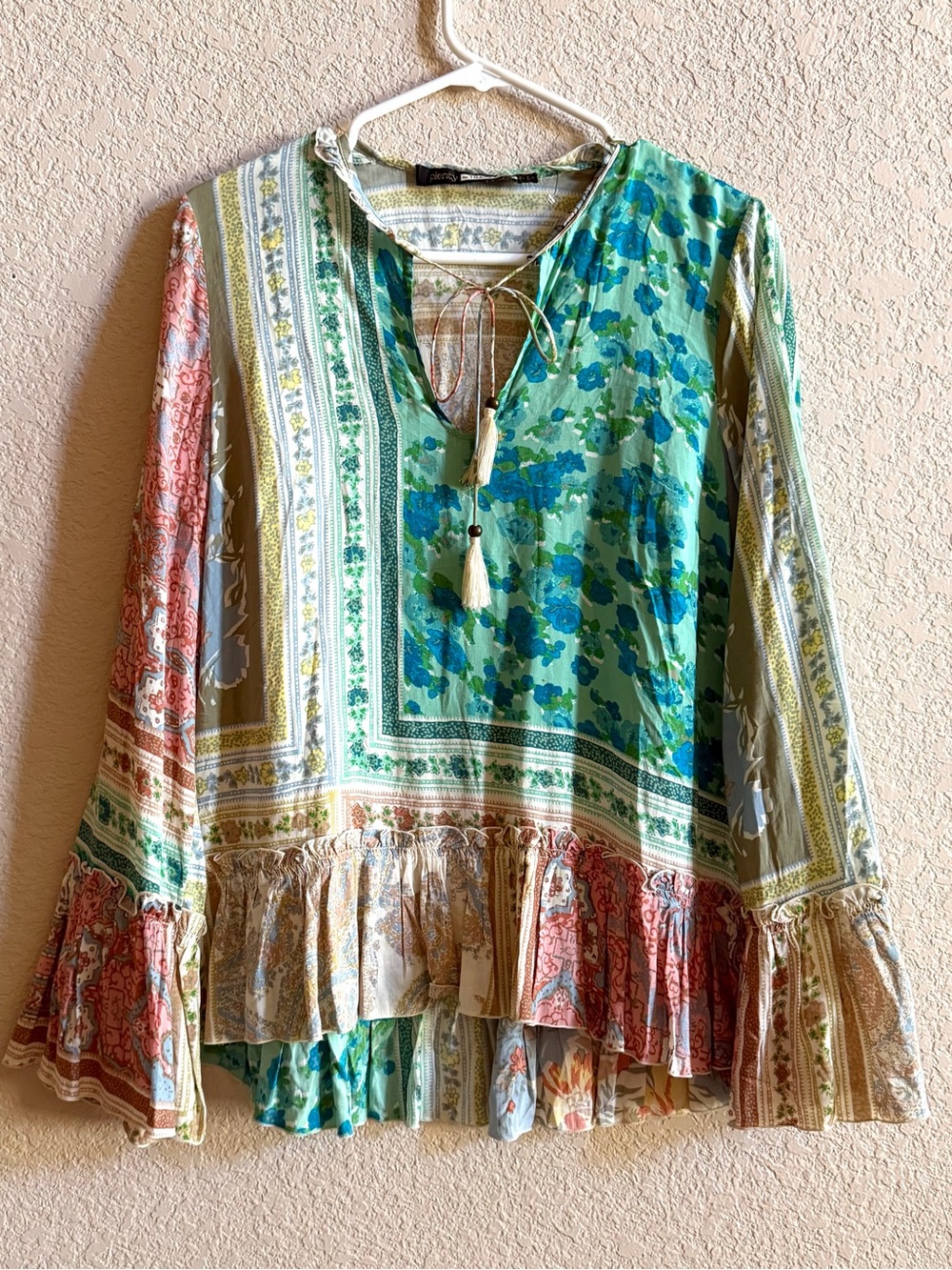Plenty by Tracy Reese Womens MED Boho Popover Tunic Top Long Flared Sleeves
